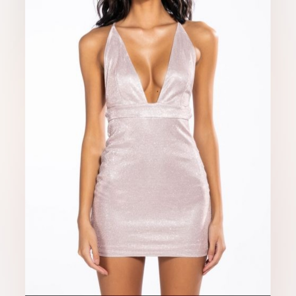 AKIRA Still Got it Low V Neck Mini Dress (Small; Pink)